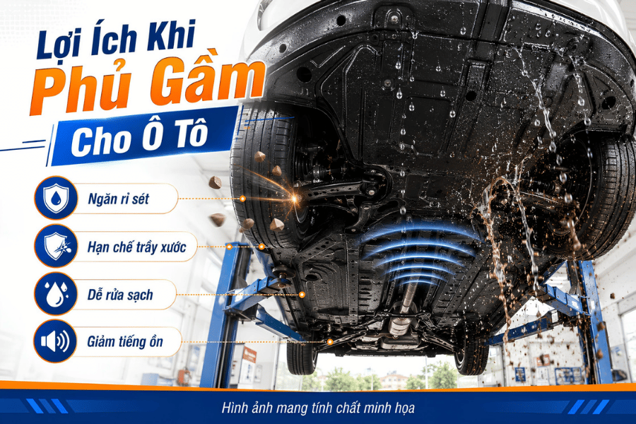 Bốn lợi ích khi phủ gầm cho xe ô tô gồm ngăn rỉ sét, giảm tiếng ồn và hạn chế trầy xước