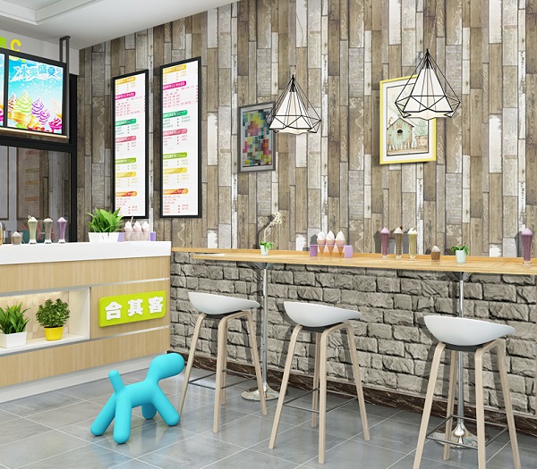 Giấy dán tường quán cafe giả gỗ thông hiện đại, thu hút
