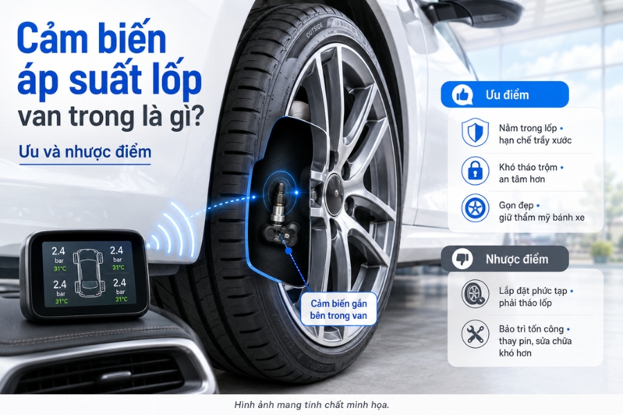 vị trí đầu van cảm biến lắp bên trong lốp xe ô tô màu trắng
