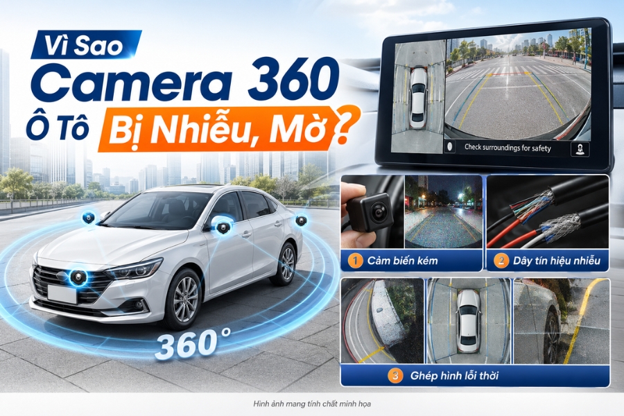 Đồ họa xe sedan màu trắng hiển thị bốn mắt cam quanh xe và ba ô nhỏ mô tả lỗi hình ảnh