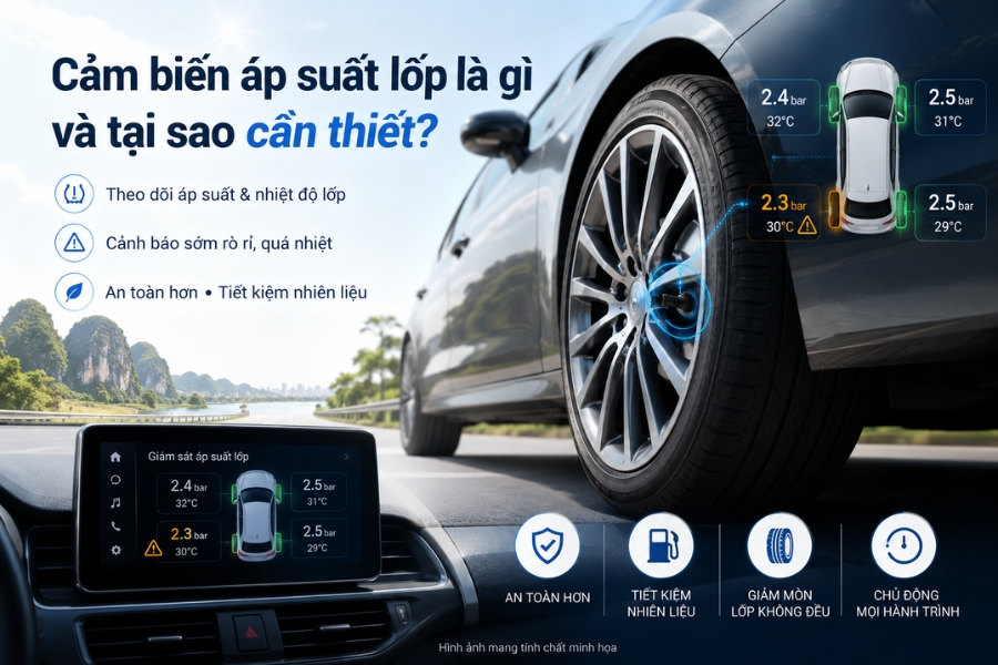 Cận cảnh cụm bánh sau xe sedan và màn hình hiển thị thông số áp suất trên taplo