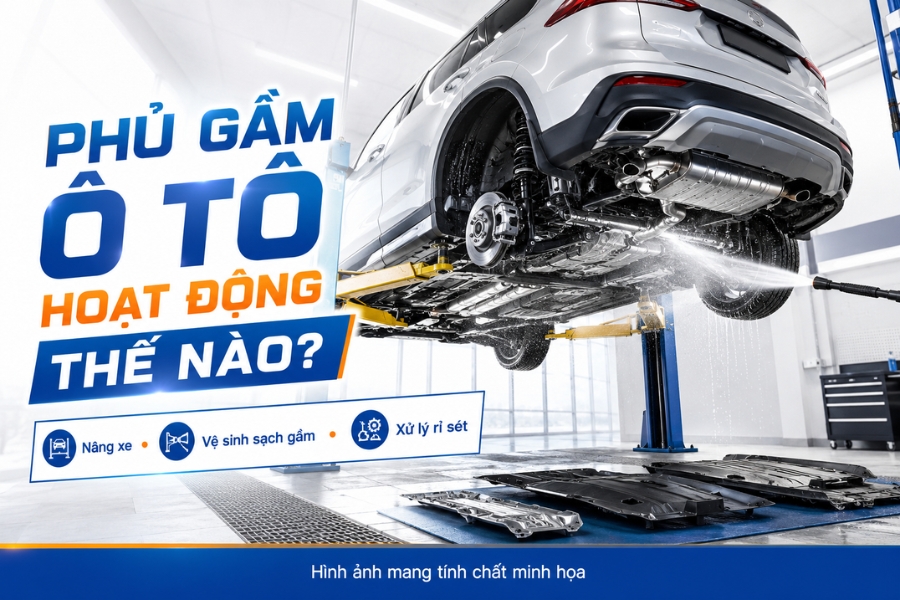 Quy trình phủ gầm ô tô gồm các bước nâng xe, vệ sinh sạch gầm và xử lý rỉ sét kỹ lưỡng