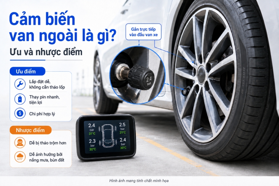 Cận cảnh đầu van cảm biến áp suất lắp bên ngoài bánh xe ô tô