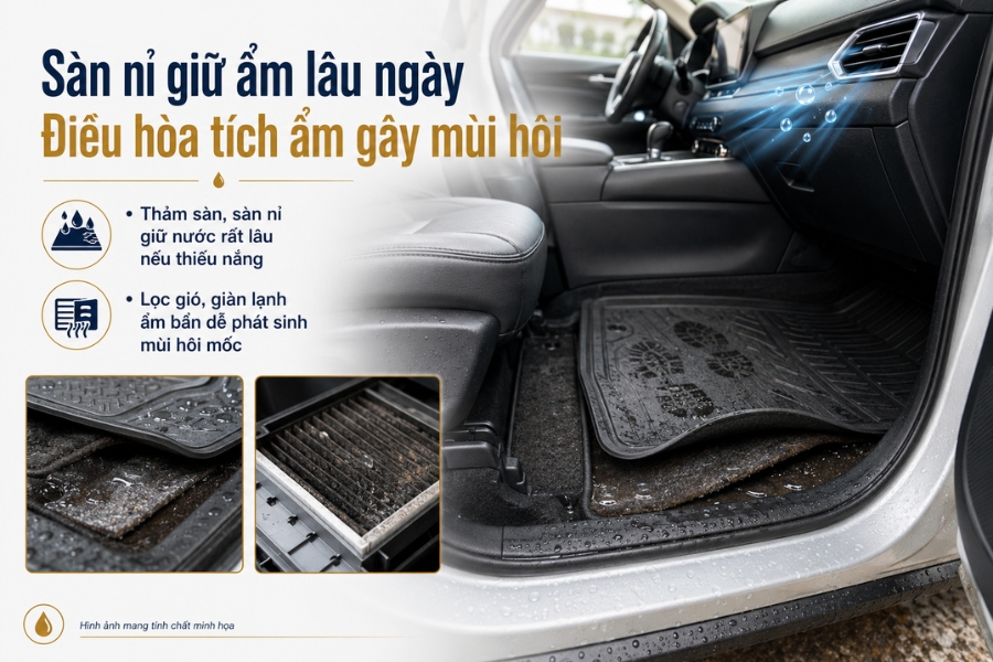 Thảm sàn nỉ và điều hòa ô tô là nơi tích tụ mùi hôi mốc nặng nhất