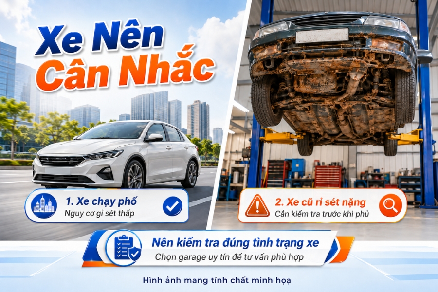Những dòng xe nên cân nhắc kỹ trước khi phủ gầm gồm xe chạy phố và xe cũ rỉ nặng