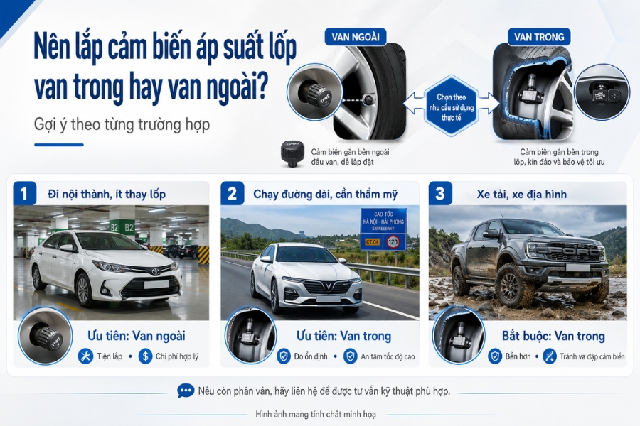 so sánh vị trí lắp đặt đầu van ngoài và van trong trên bánh xe