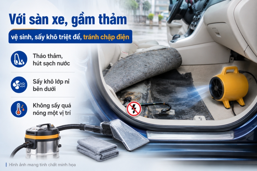 Quy trình vệ sinh và sấy khô sàn xe ô tô để tránh chập điện